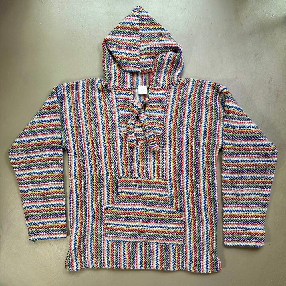 Baja Hoodie Multicolor Striped Pullover Drug Rug Festival Sweater M